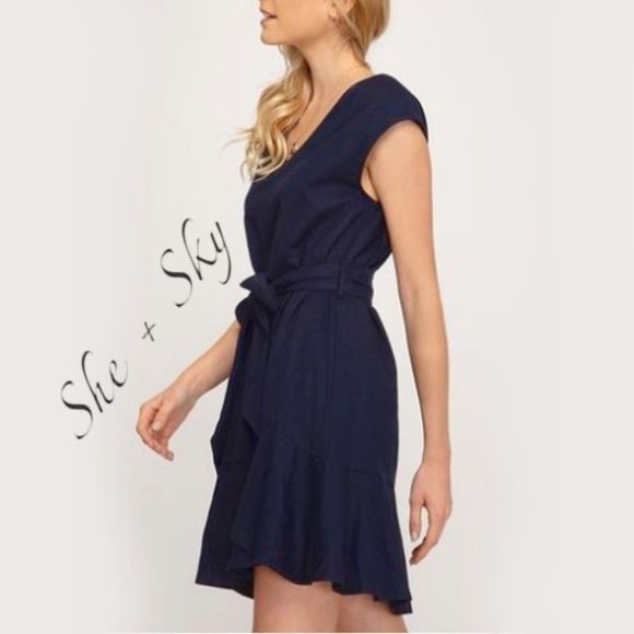 Navy Drop Shoulder V-Neck Dress Flounce Hem Sash - Picture 3 of 6